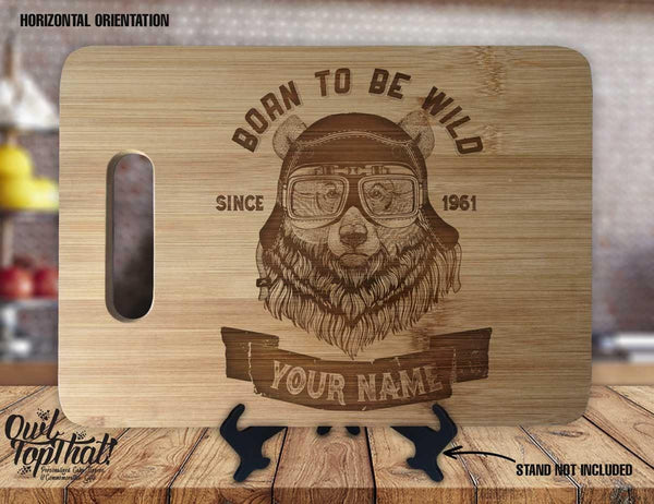 Biker Bear Born to be Wild Personalized Name and Date Custom Engraved Kitchen Decor Housewarming Display Sign Bamboo Cutting Board Gift