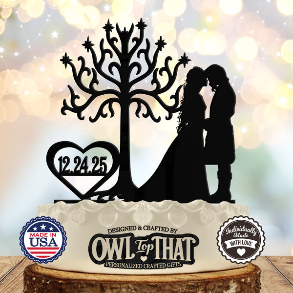 Arwen and Aragorn Heart - Tree of Gondor LOTR - Personalized Date - Fantasy Themed - Custom Wedding Cake Topper