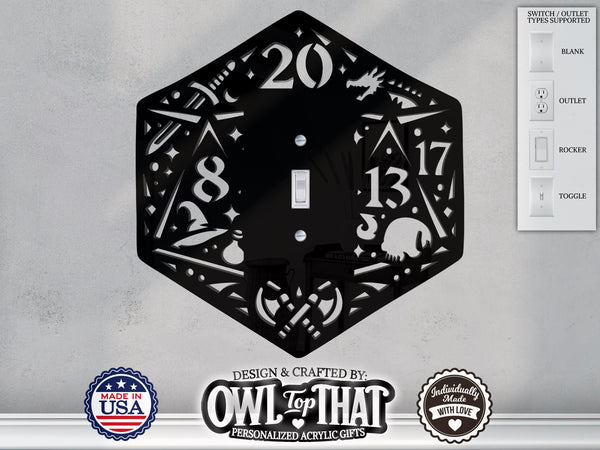 Dungeons and Dragons D20 Dice Light Switch Plate Cover - Custom Acrylic Wall Decor - Toggle Rocker Outlet