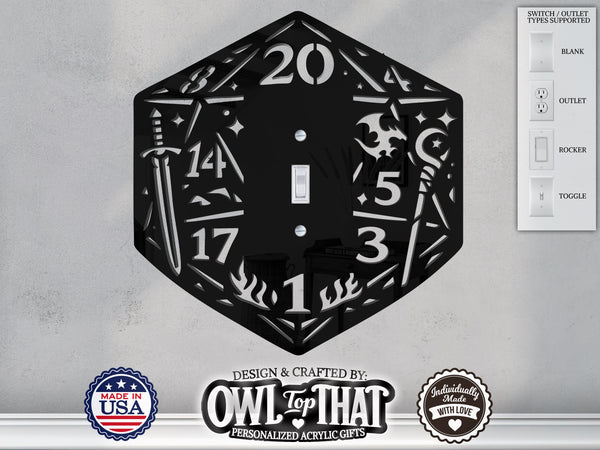 Dungeons and Dragons D20 Dice Light Switch Plate Cover - Custom Acrylic Wall Decor - Toggle Rocker Outlet