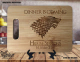 Dinner Is Coming House Stark - Personalized Name & Date - Kitchen Housewarming Wedding Gift - Custom Engraved Bamboo Display Cutting Board