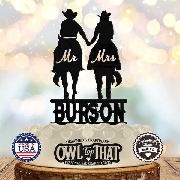 Horse Riding Couple Wedding Cake Topper – Cowboy and Cowgirl Riding Couple – Custom Mr & Mrs Personalized Name – Western Themed