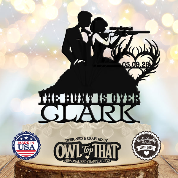 Hunting Couple Custom Wedding Cake Topper - Outdoor Adventure Themed - Personalized Name & Date - Hunting and Camping Couple Cake Topper