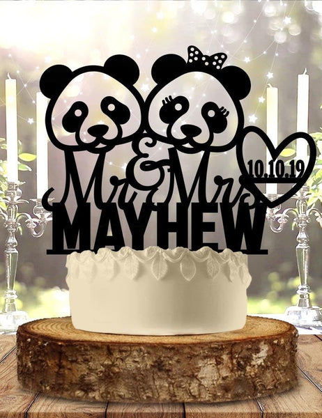 Pandas Faces - Personalized Name & Date - Animal Themed - Custom Wedding Cake Topper