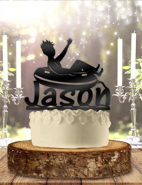 Boy Tubing with Name Water Park Style Personalized Birthday Cake Topper