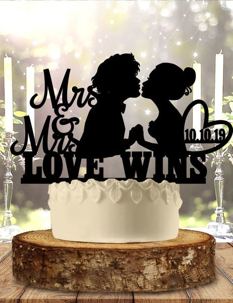 Love Wins Mrs and Mrs With Date Wedding Cake Topper