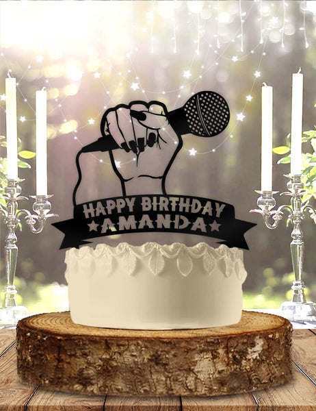 Microphone Karaoke Female with Name Personalized Birthday Cake Topper