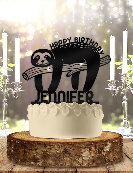 Sloth Holding Name Personalized Cute Birthday Cake Topper