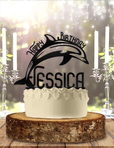 Dolphin with Name Personalized Happy Birthday Cake Topper