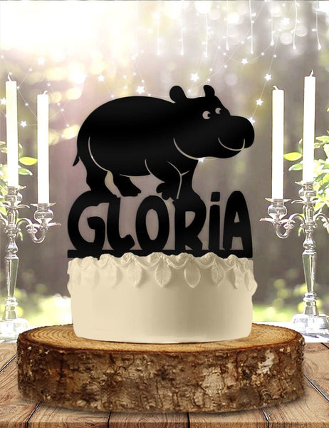 Cute Hippo with Name Personalized Birthday Cake Topper