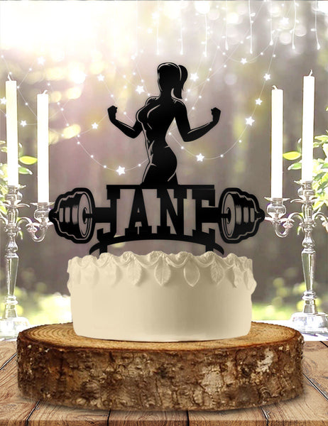 Strong Woman Female Weightlifter Bodybuilder Name Personalized Birthday Cake Topper