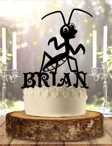 Cute Praying Mantis With Name Birthday Cake Topper