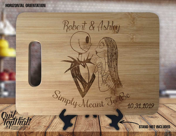 Jack and Sally Simply Meant To Be  - Personalized Names & Date - Kitchen Wedding Gift Sign - Custom Engraved Bamboo Display Cutting Board