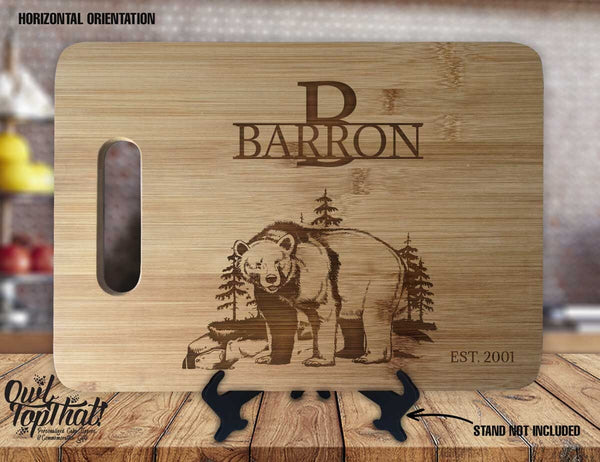 Bear Standing Monogram  - Personalized Name & Date - Kitchen Housewarming Wedding Gift Sign - Custom Engraved Bamboo Display Cutting Board