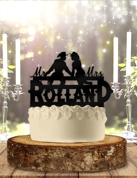 Cowboy Cowgirl Couple Fence Wild West Western Mr Mrs Name Personalized Custom   Wedding Anniversary Cake Topper