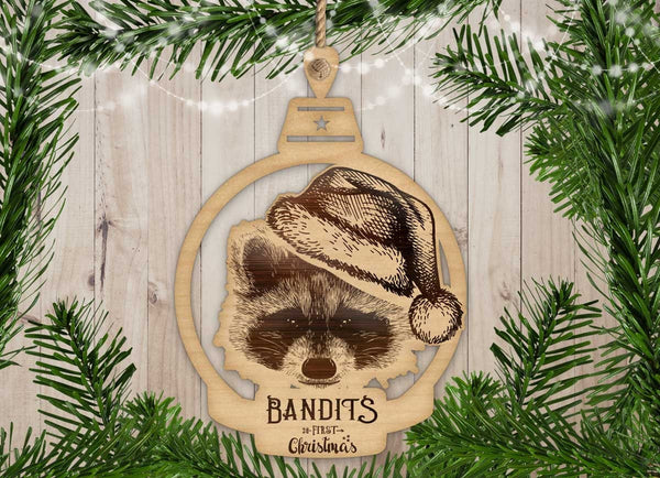 Pet Raccoon First Christmas Custom Name Tag Wood Ornament - Personalized Name & Date - Gift Tags, Event Markers, Stocking Name tag