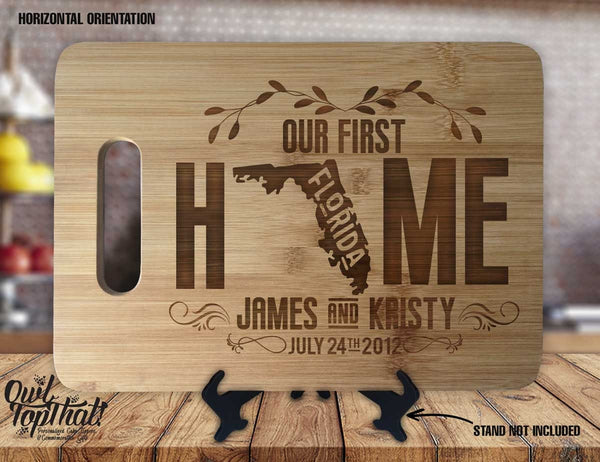 Our First Home with State  - Personalized Names & Date - Kitchen Housewarming - Custom Engraved Bamboo Display Cutting Board