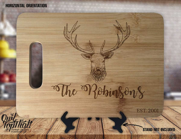 Deer Family Name - Personalized Name & Date - Kitchen Housewarming Wedding Gift Sign - Custom Engraved Bamboo Display Cutting Board