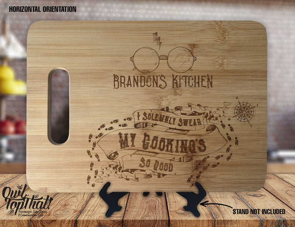 Wizard Name's Kitchen I Solemnly Swear My Cooking's So Good  - Personalized Name - Custom Engraved Bamboo Display Cutting Board