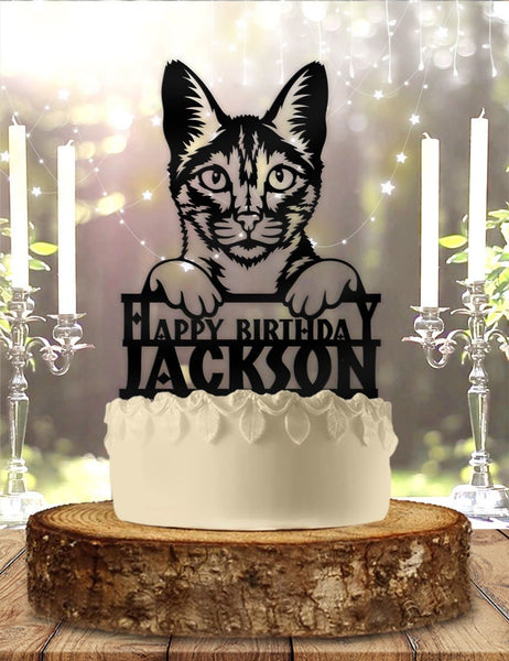 Tabby Cat - Personalized Name - Animal Themed - Custom Birthday Cake Topper