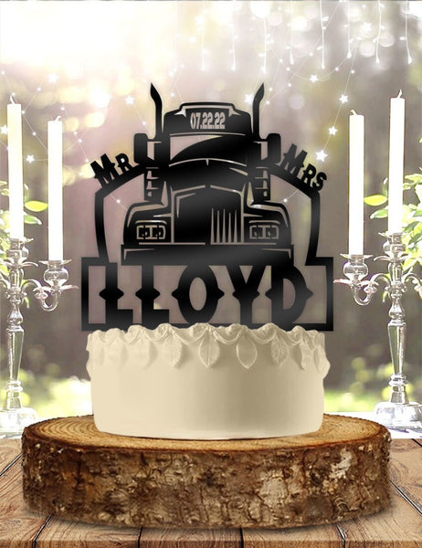 Semi Truck Trucker Mr Mrs with Name and Date Personalized Wedding Cake Topper