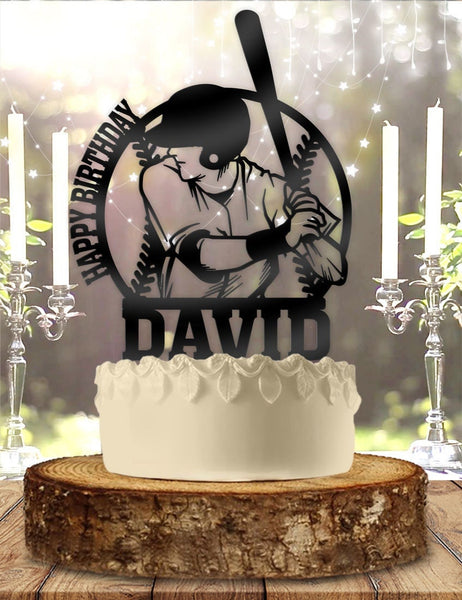 Happy Birthday Baseball Batting Player with Name Personalized  Birthday Cake Topper