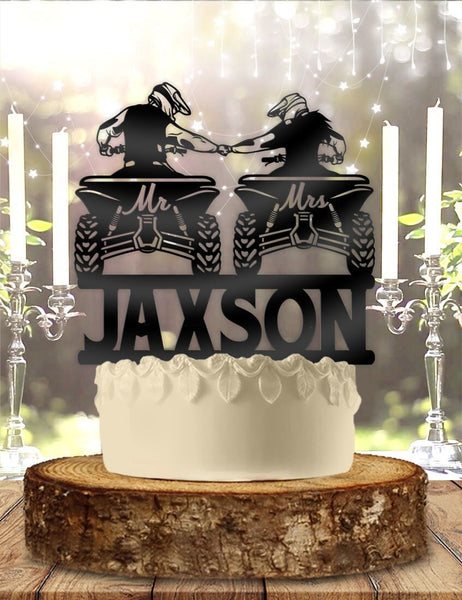 ATV Quad Riding Couple Mr Mrs Name Personalized Wedding Anniversary Cake Topper