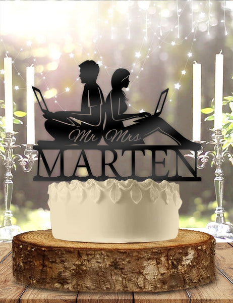 Laptop Gamer Couple Personalized with Name Wedding Cake Topper