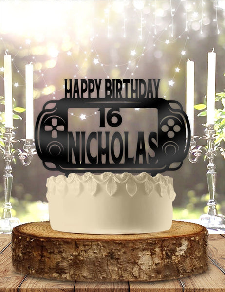 Handheld Gamer Gaming With Name and age Personalized Birthday Cake Topper