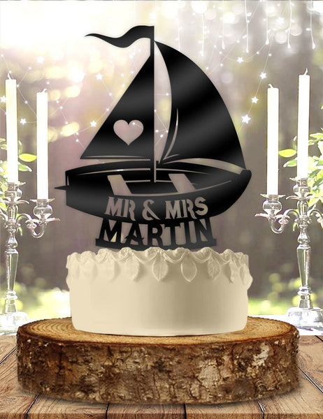 Sailboat Couple Sailing Mr Mrs with Name Personalized Wedding Cake Topper