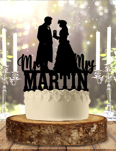 Steampunk Turn of the Century Holding a Police Call Box Wedding Cake Topper