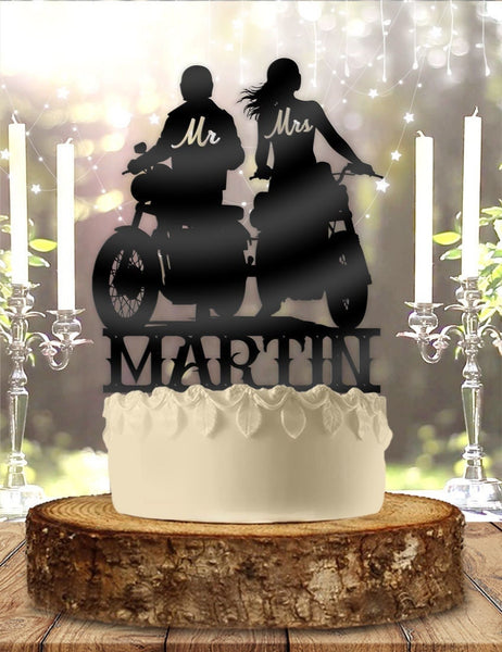 Motorcycle Biker Bride and Groom Couple Anniversary Wedding Cake Topper Personalized