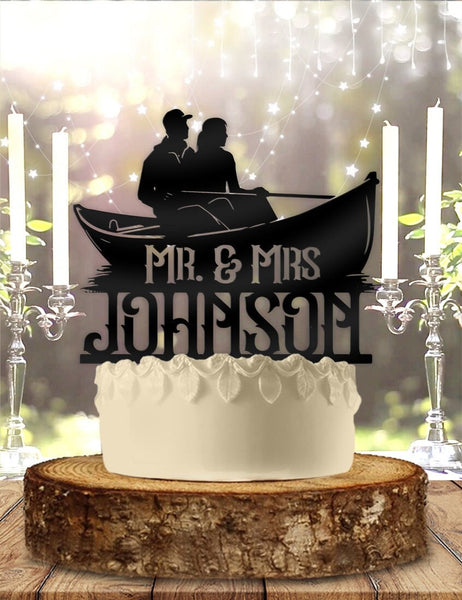 Canoe Couple Mr Mrs with Name Outdoor Nature Personalized Wedding Cake Topper