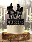 Cowboy and Cowgirl Horse Riding Couple - Personalized Mr. and Mrs. Name – Western Themed – Custom Wedding Cake Topper