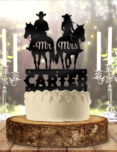 Cowboy and Cowgirl Horse Riding Couple - Personalized Mr. and Mrs. Name – Western Themed – Custom Wedding Cake Topper