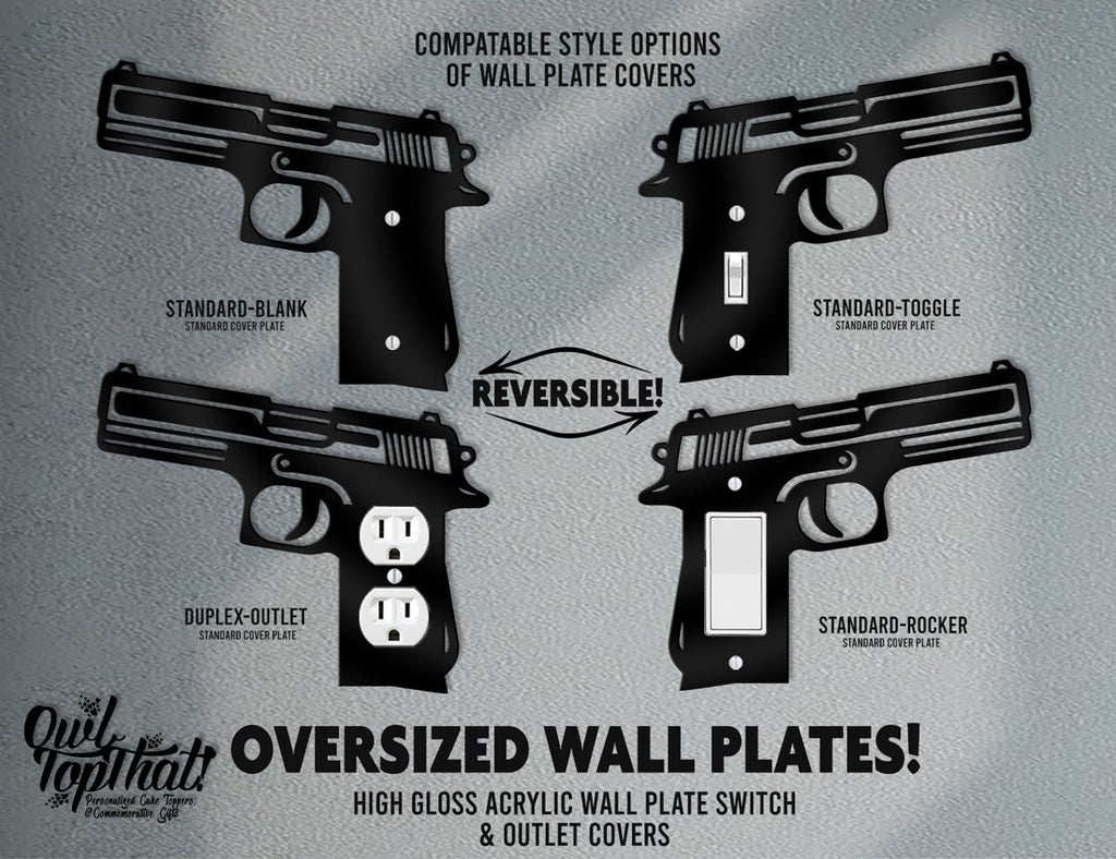 Handgun Gun Oversized Wall Switch Cover Plate for Standard Size Toggle, Rocker, Duplex Double Outlet, and Blank Wall Plates