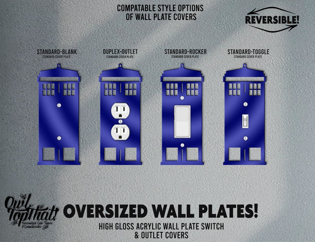 Tardis Police Call Box Oversized Wall Switch Cover Plate for Standard Size Toggle, Rocker, Duplex Double Outlet, and Blank Wall Plates