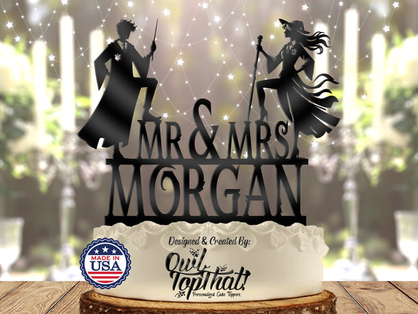 Wizarding Wedding Mage Witch Wizard - Personalized Mr & Mrs Name - Fantasy Themed - Custom Wedding Cake Topper