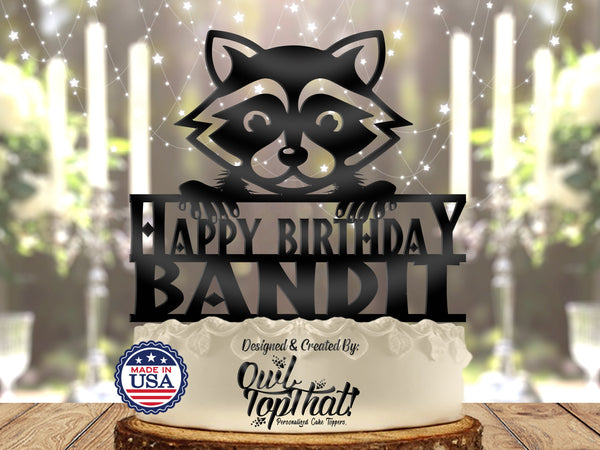 Raccoon Cute - Personalized Name - Animal Themed - Custom Birthday Cake Topper