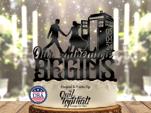 Our Adventure Begins Police Call Box Tardis Couple - Personalized Date - Fantasy Themed - Custom Wedding Cake Topper