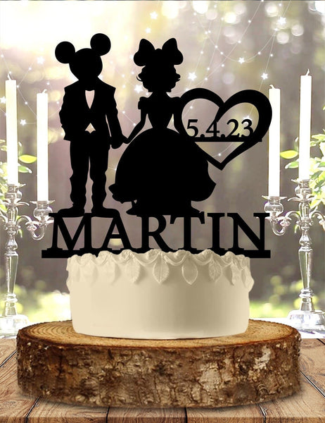 Mr and Mrs Mickey and Minnie Themed Personalized Wedding Anniversary Cake Topper