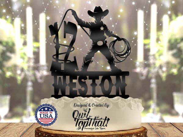 Teen Boy Cowboy Lasso - Personalized Name & Age - Western Themed - Custom Birthday Cake Topper