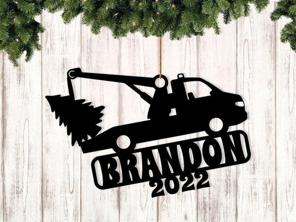 Tow Truck Driver Towing Name Tag Ornament - Personalized Name & Date - Gift Tags, Event Markers, Holiday Ornaments, Bag Tags, and More