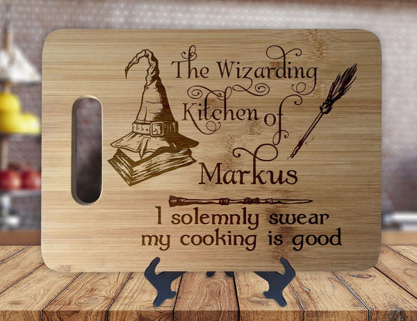 Wizarding Kitchen - Solemnly Swear - Personalized Name - Kitchen Housewarming Wedding Gift - Custom Engraved Bamboo Display Cutting Board