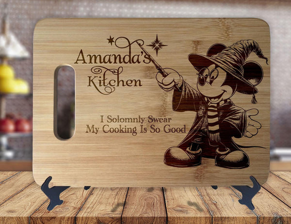 Wizarding Magical Mickey  - Personalized Name & Date - Kitchen Housewarming Wedding Gift Sign - Custom Engraved Bamboo Display Cutting Board