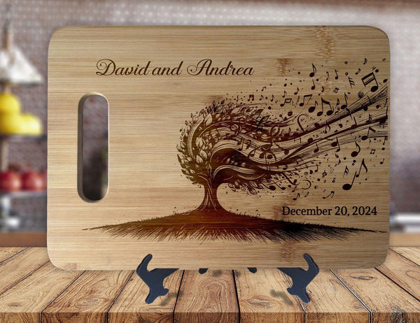 Music Lovers - Personalized Names & Date - Anniversary Kitchen Housewarming Wedding Gift Sign - Custom Engraved Bamboo Display Cutting Board