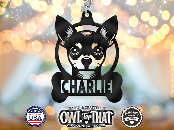 Pet Chihuahua Dog Breed Bone Custom Name Tag Ornament - Personalized Name & Date - Gift Tags, Holiday Ornaments and More