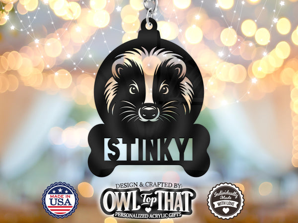 Skunk Pet Bone Custom Name Tag Ornament - Personalized Name & Date - Gift Tags, Holiday Ornaments and More