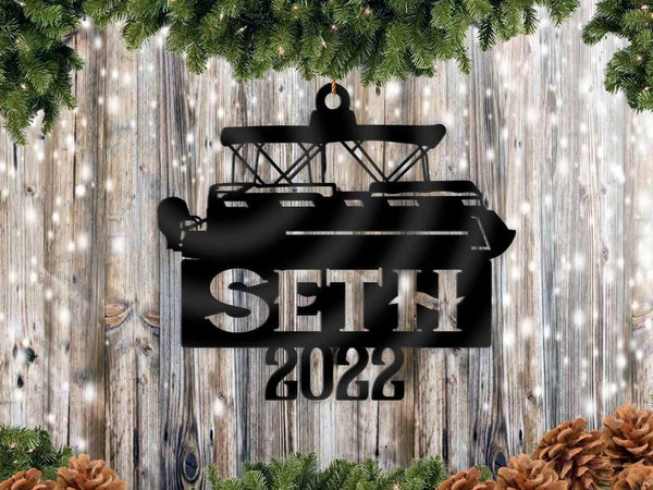 Pontoon Boat Name Tag Ornament - Personalized Name & Date - Gift Tags, Event Markers, Holiday Ornaments, Bag Tags, and More