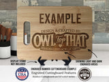 a cutting board with the words owl on it